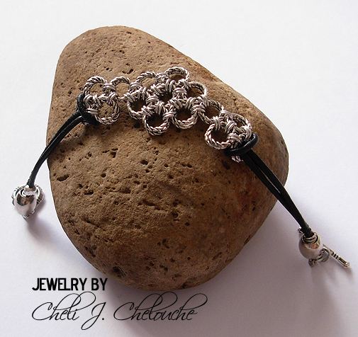 sterling silver circles and leather cord bracelet